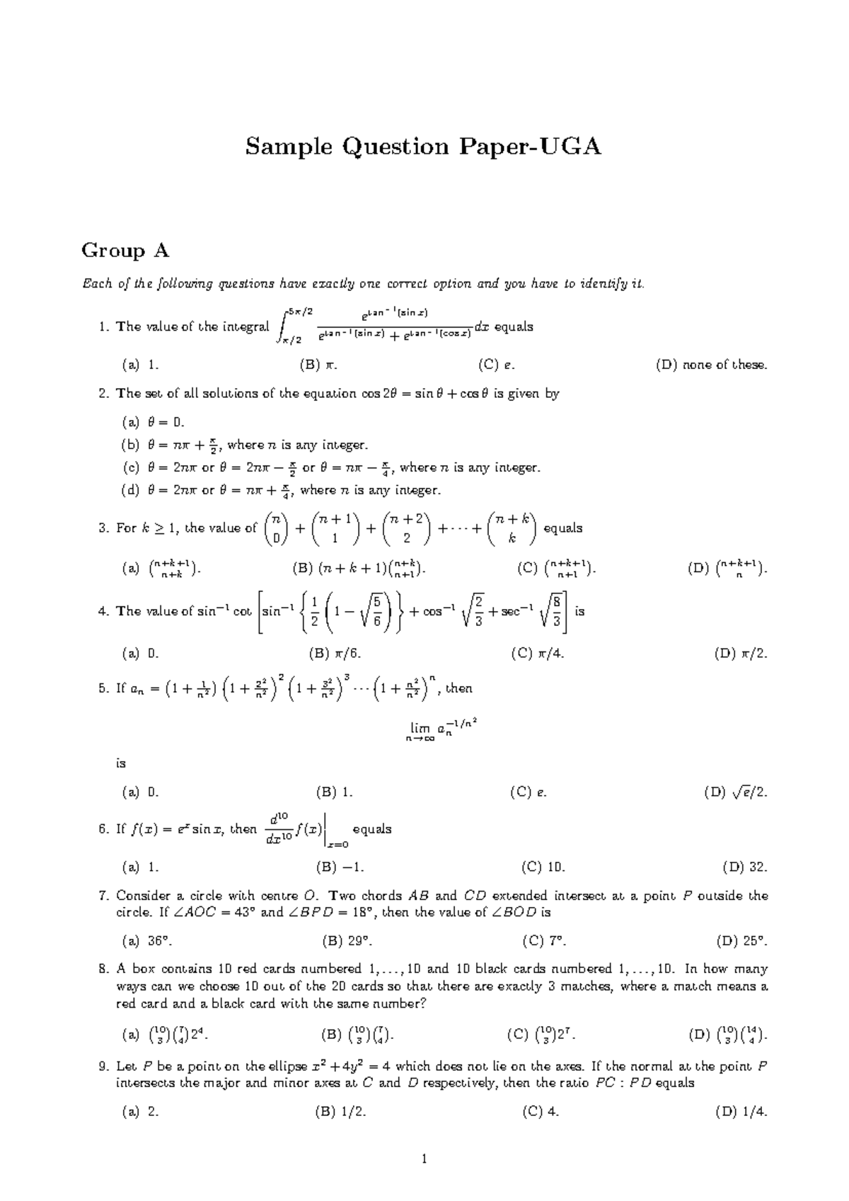 BStat BMath UGA 2026 - Sample Questions Group A & B - Studocu