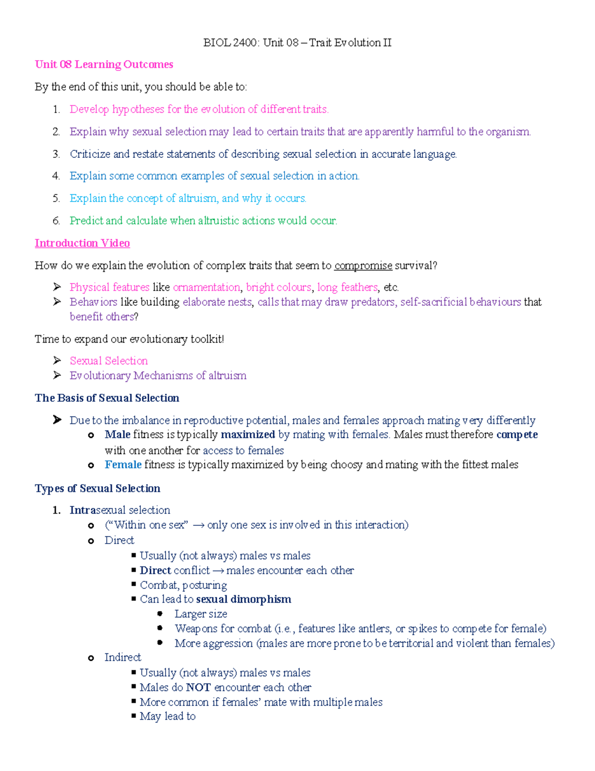 BIOL 2400 Unit 08 Notes - BIOL 2400: Unit 08 – Trait Evolution II Unit ...