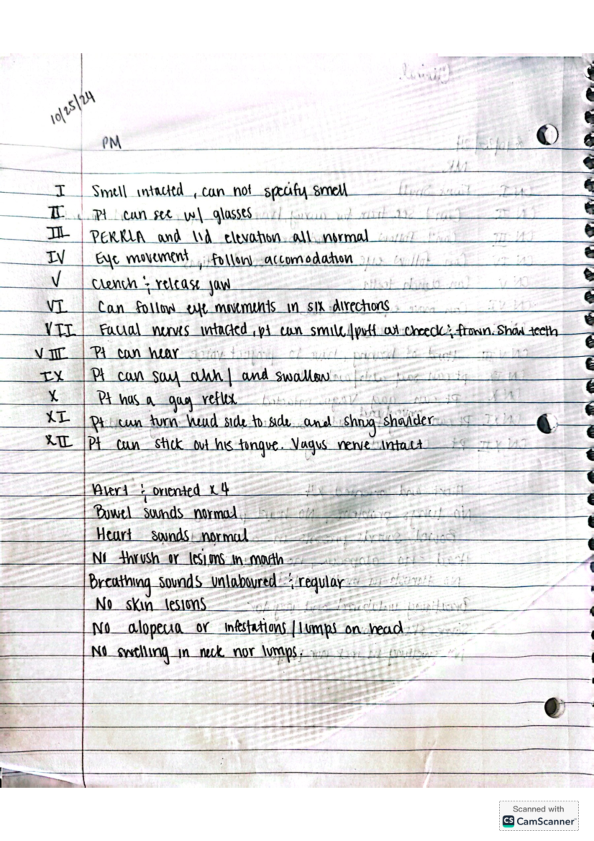 Cranial nerves assessment - PM I Smell intacted can not specify smell ...