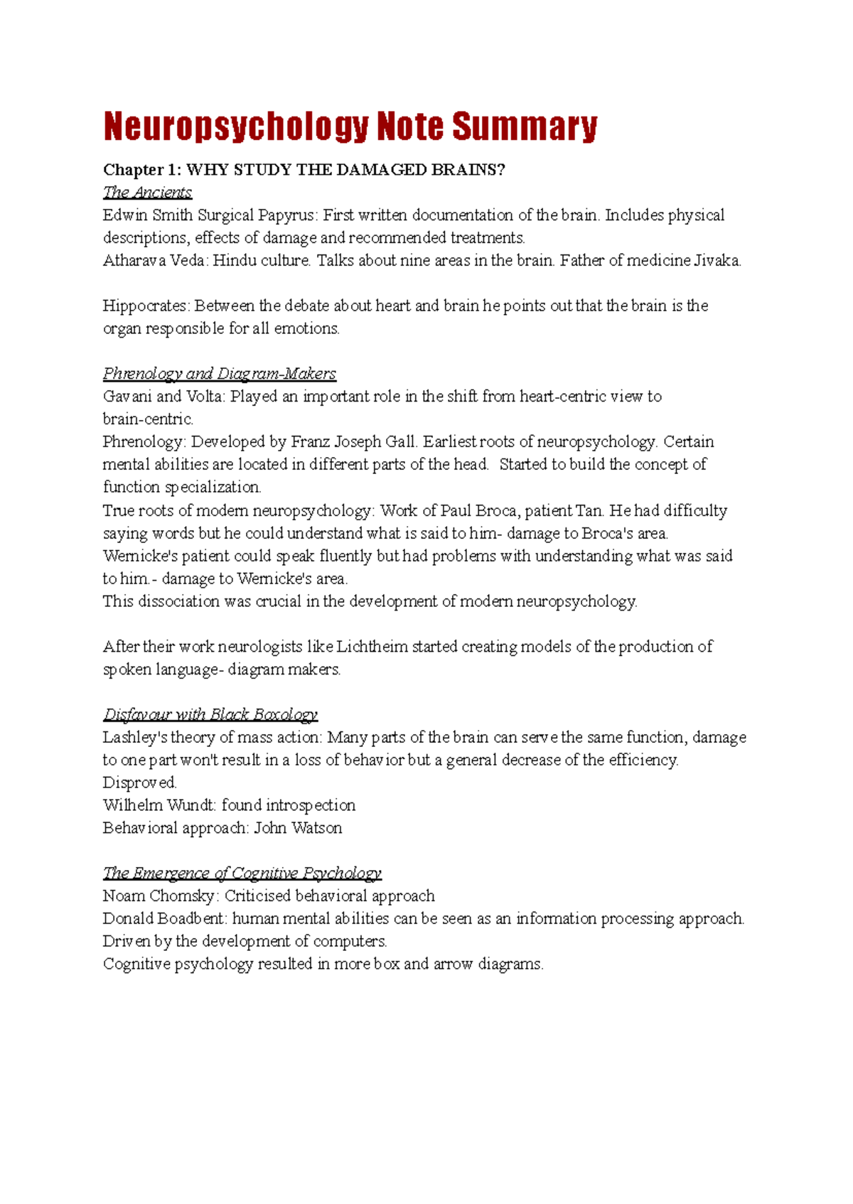 Neuropsychology Notes Summary: Chapter 1 - The Origins of Brain Study ...
