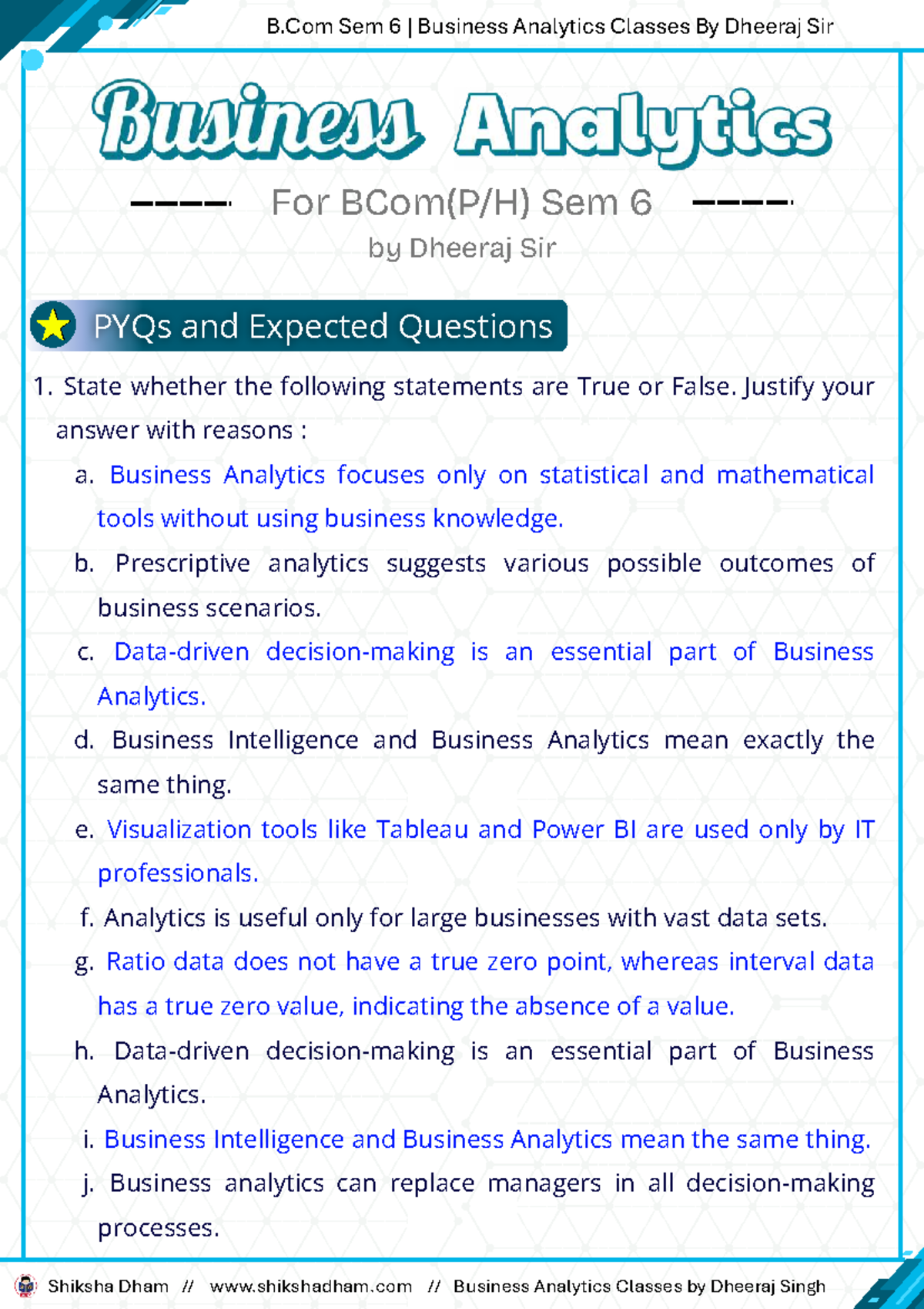 B.Com Sem 6 Business Analytics PYQs & Expected Questions by Dheeraj Sir ...