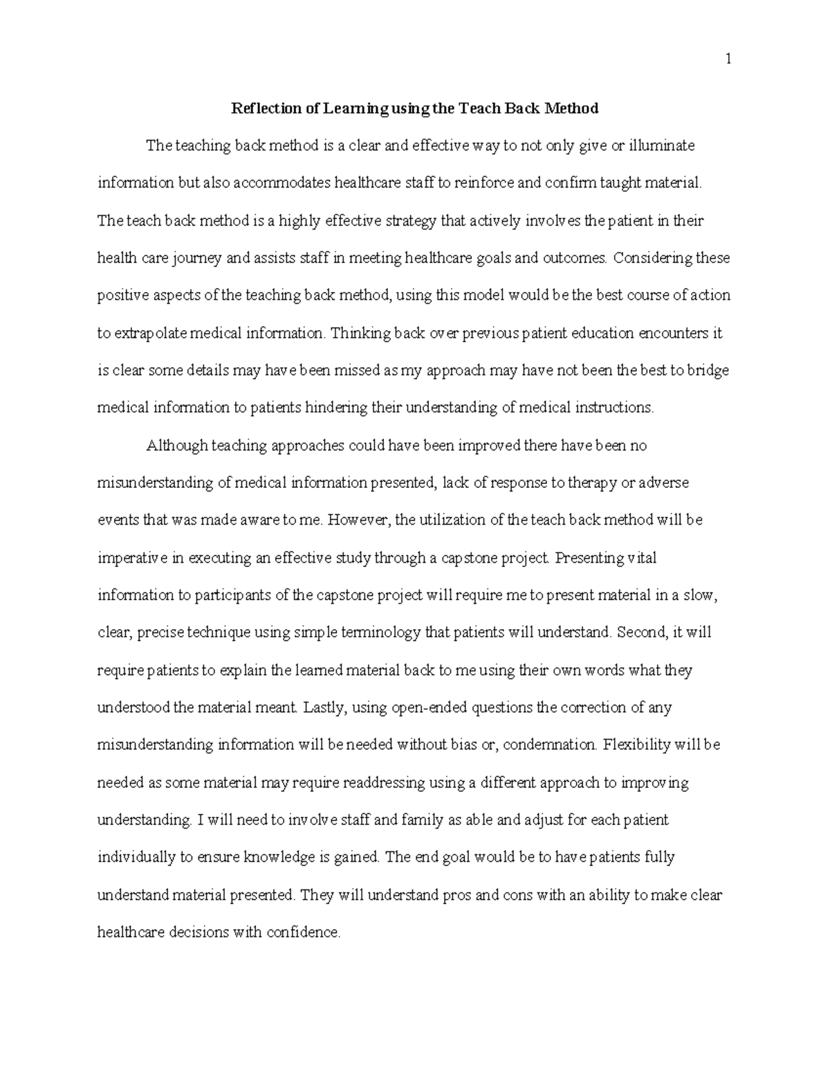 Reflection on Learning Using the Teach Back Method in Healthcare - Studocu