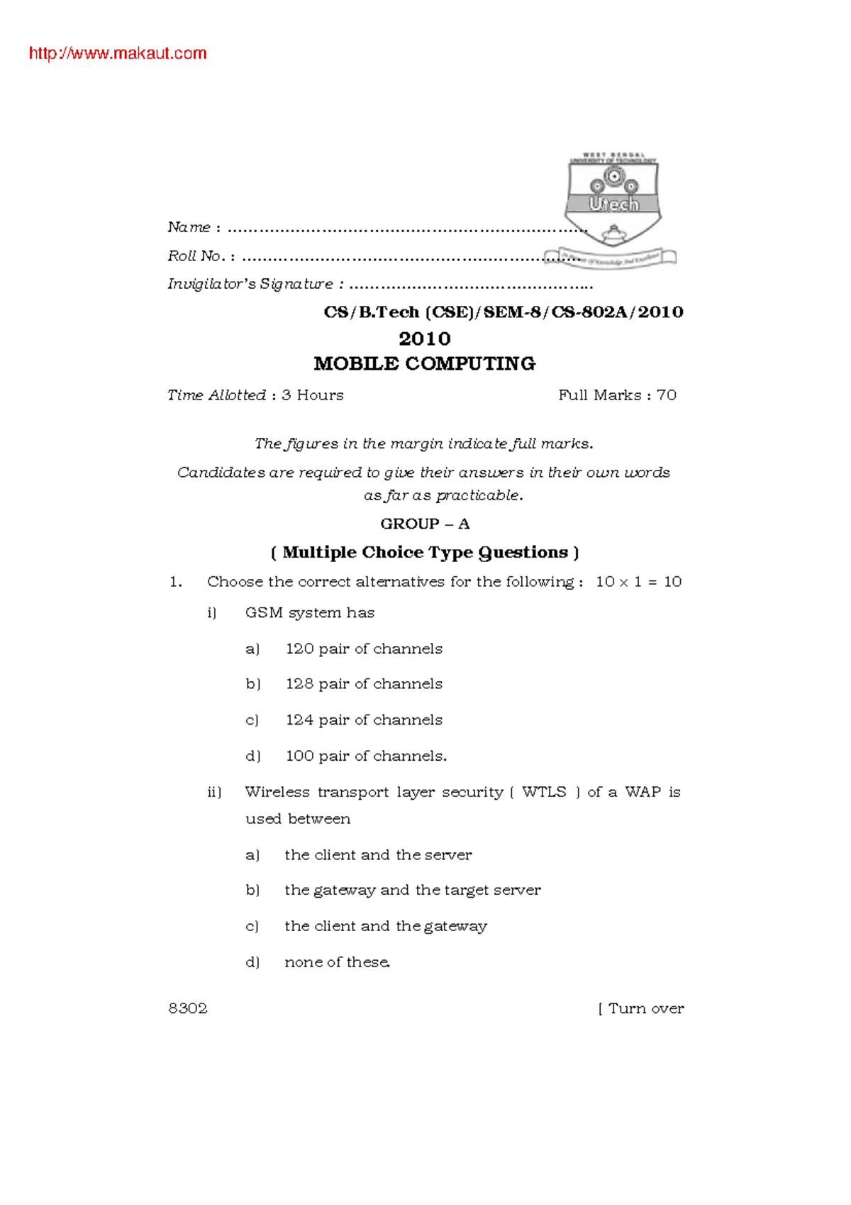 BTech CSE 8th Sem Mobile Computing 2010 Final Exam Questions - Studocu
