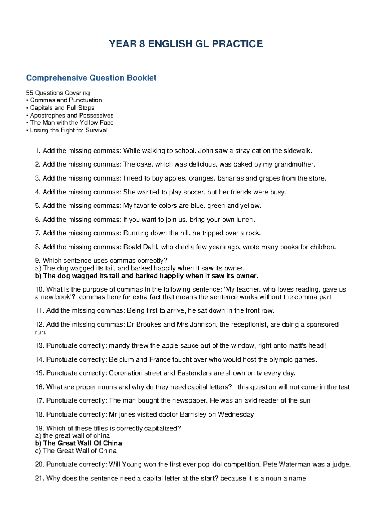 YEAR 8 ENGLISH GL PRACTICE Questions - Studocu
