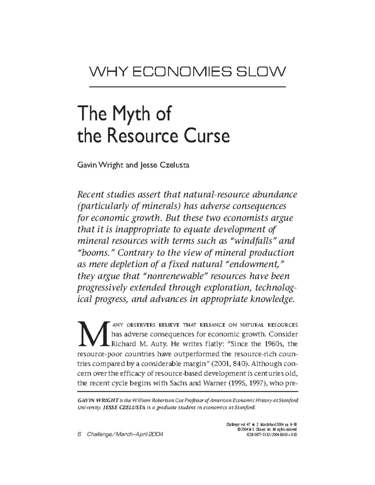 Wright and Czelusta 2004: Rethinking the Resource Curse Myth - Studocu