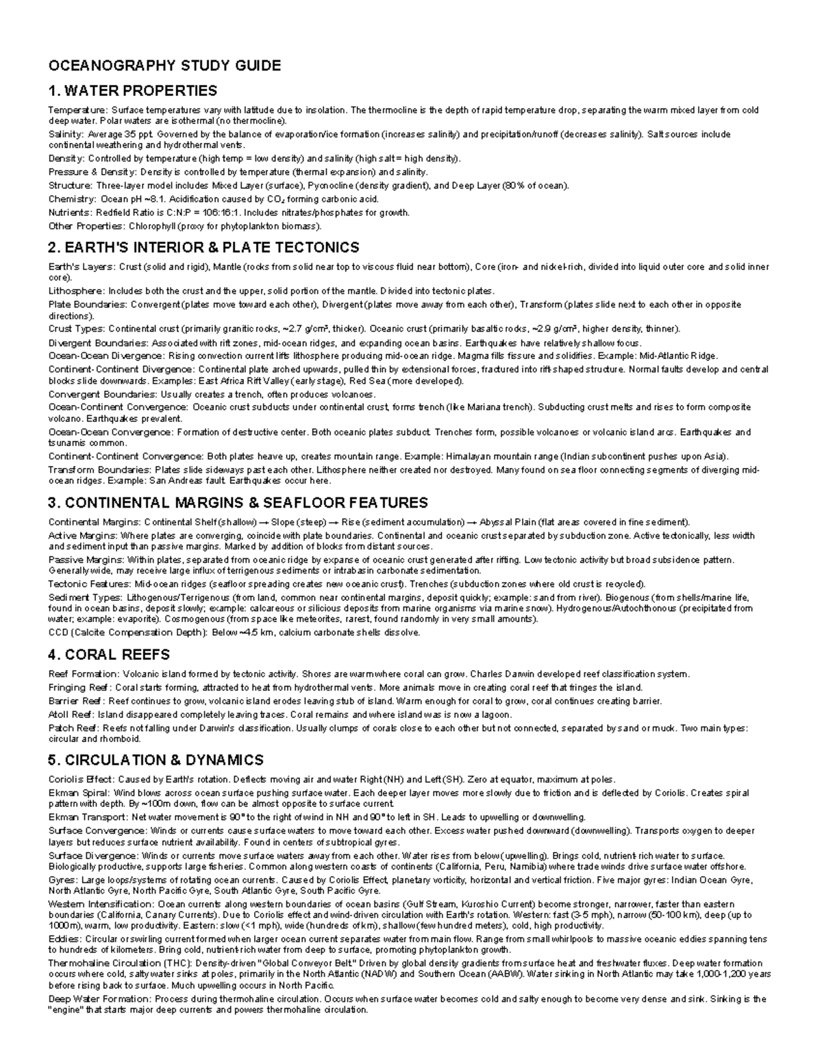 OCEANOGRAPHY STUDY GUIDE 1: WATER PROPERTIES & PLATE TECTONICS - Studocu