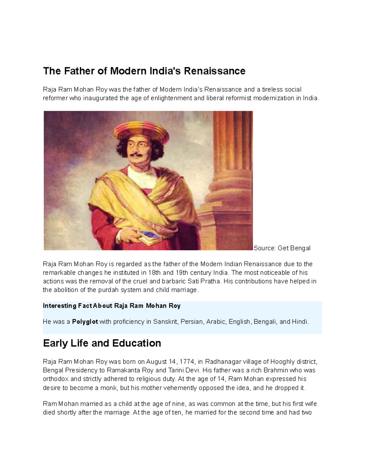 Raja Ram Mohan Roy: The Father of India's Modern Renaissance - Studocu