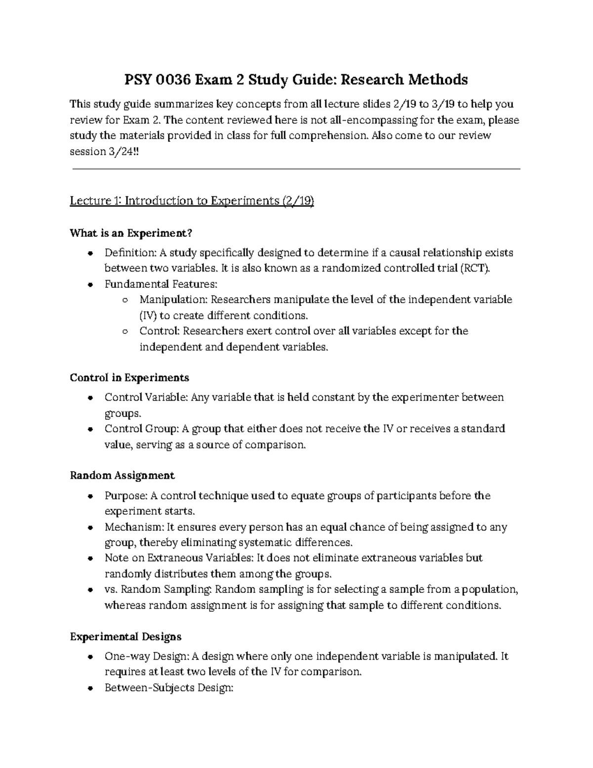PSY 0036 Exam 2 Study Guide: Research Methods - Studocu