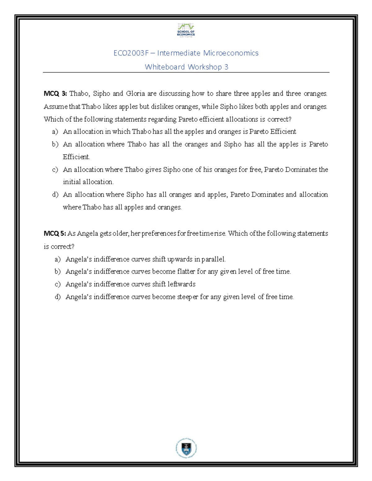 ECO2003F Intermediate Microeconomics Workshop 3 Practice MCQs - Studocu