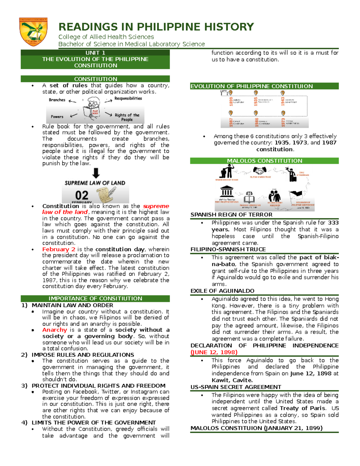 RPH Finals Review: Evolution of the Philippine Constitution - Studocu