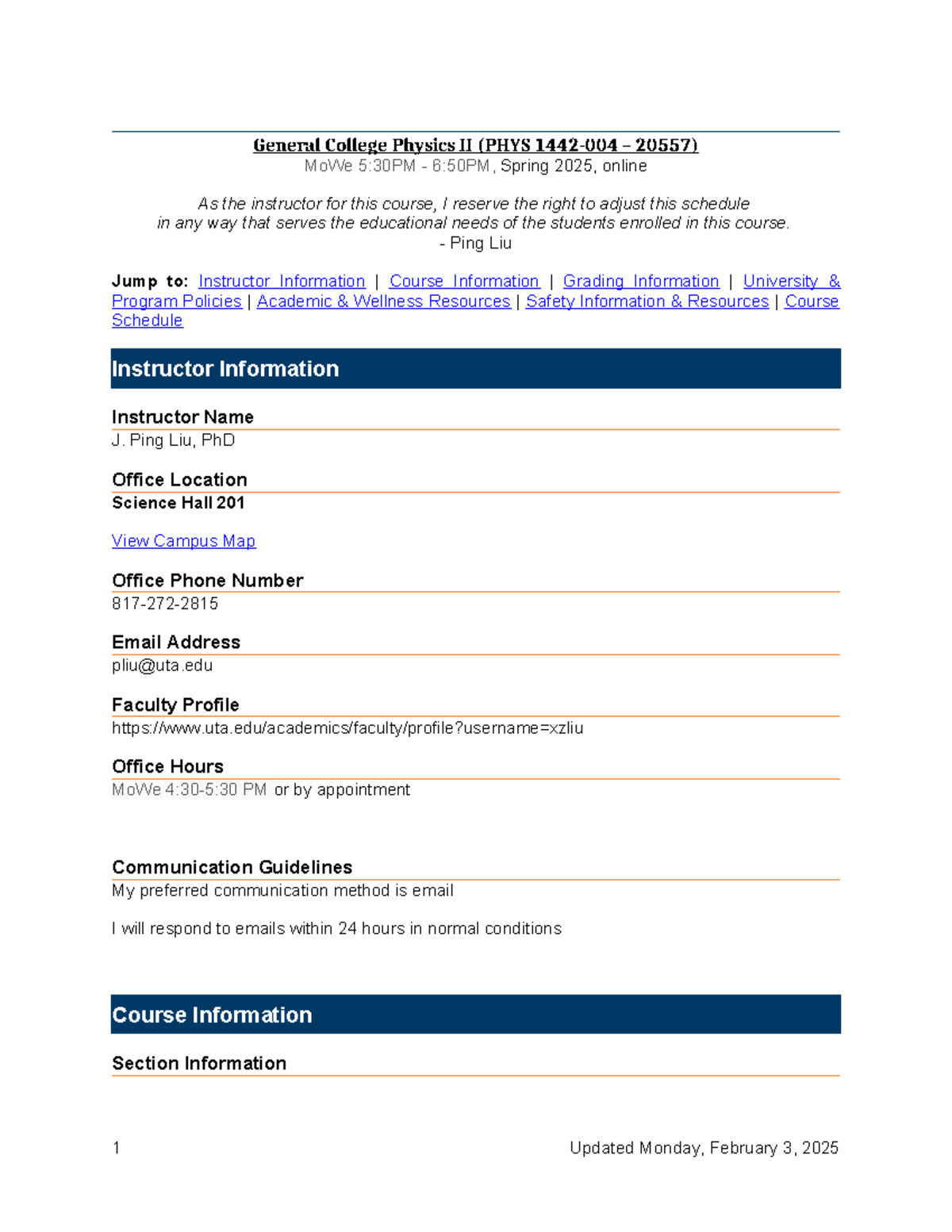 PHYS 1442-004: General College Physics II Course Overview - Spring 2025 ...