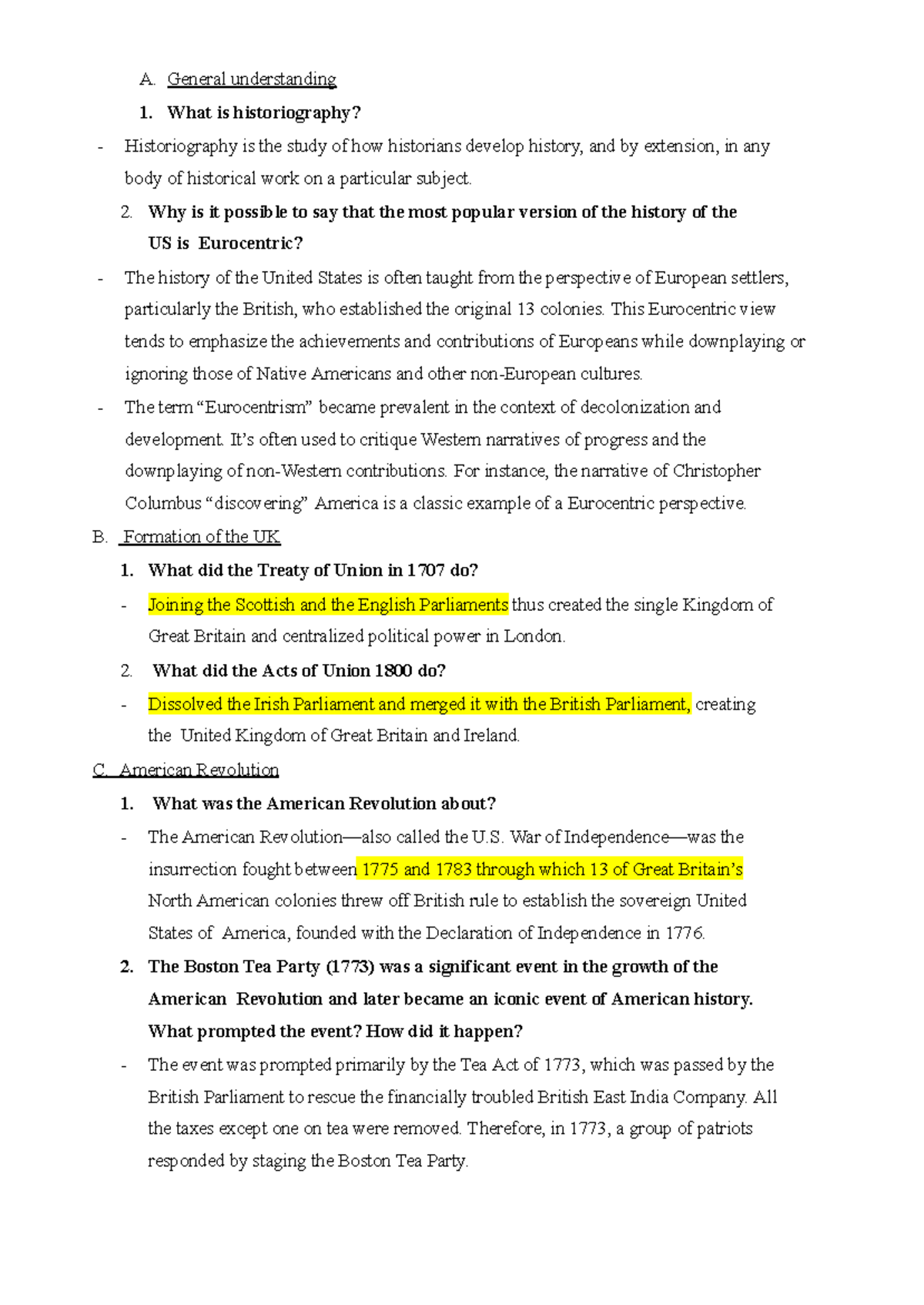 Historiography and Key Events in US History: A Study Guide (HIST 101 ...
