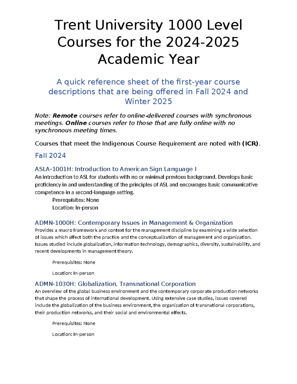 Trent U 1000 Level Elective Courses for 2024-2025 Academic Year - Studocu