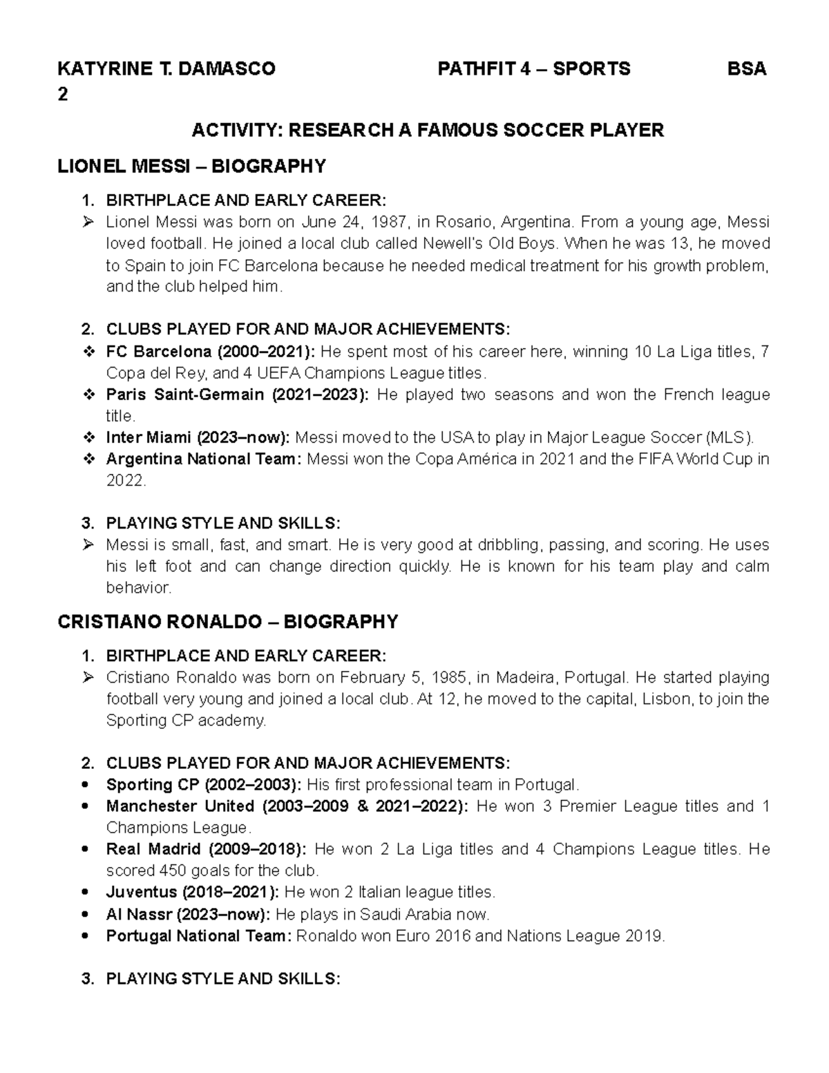 PE Soccer - Famous Players: Messi vs. Ronaldo Biography & Skills - Studocu
