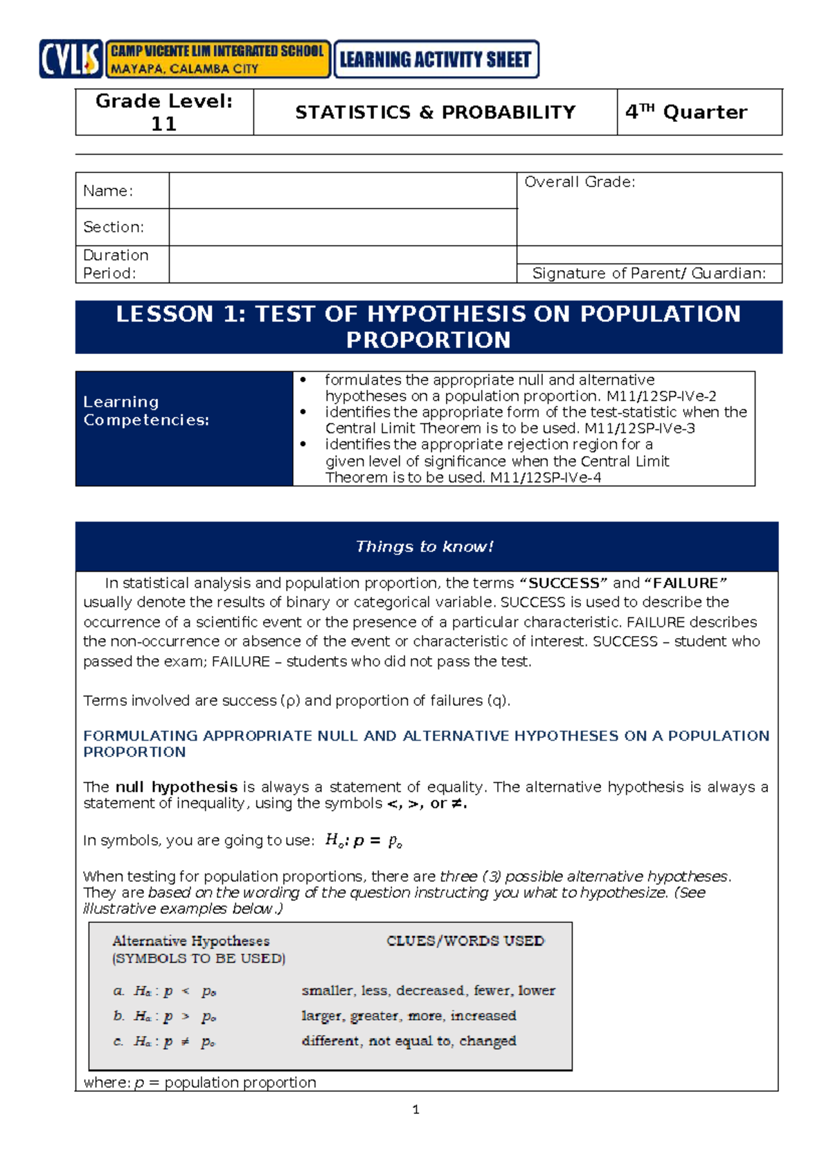 LAS-STAT Lesson on Hypothesis Testing for Population Proportion - Studocu