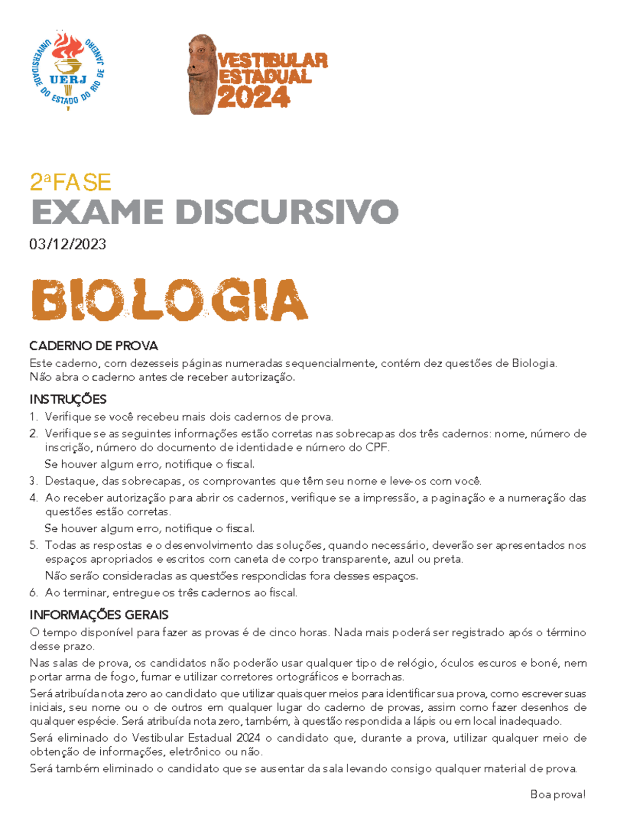 UERJ - Prova Discursiva de Biologia - Vestibular 2024 - Studocu