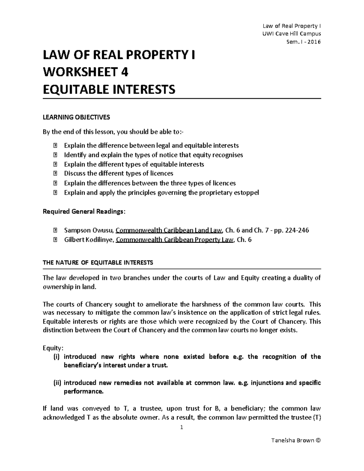 Worksheet 4: Understanding Equitable Interests in Real Property Law ...