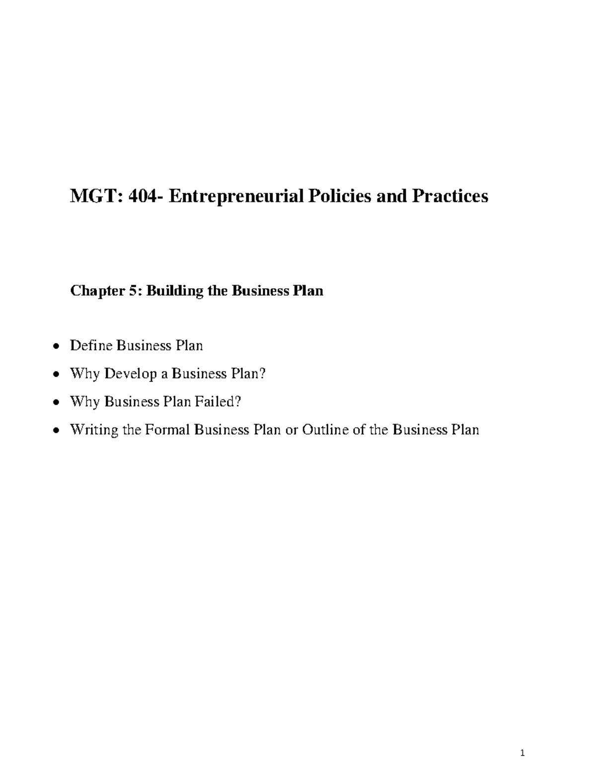 MGT 404: Chapter 5 - Crafting an Effective Business Plan - Studocu