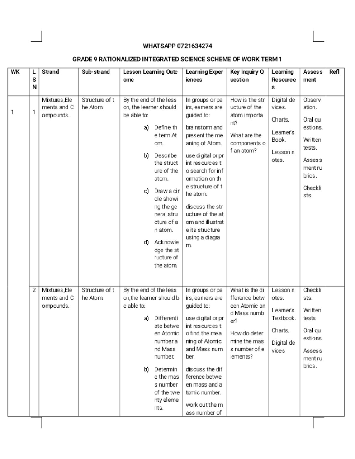 Schemes Of Work Grade 9
