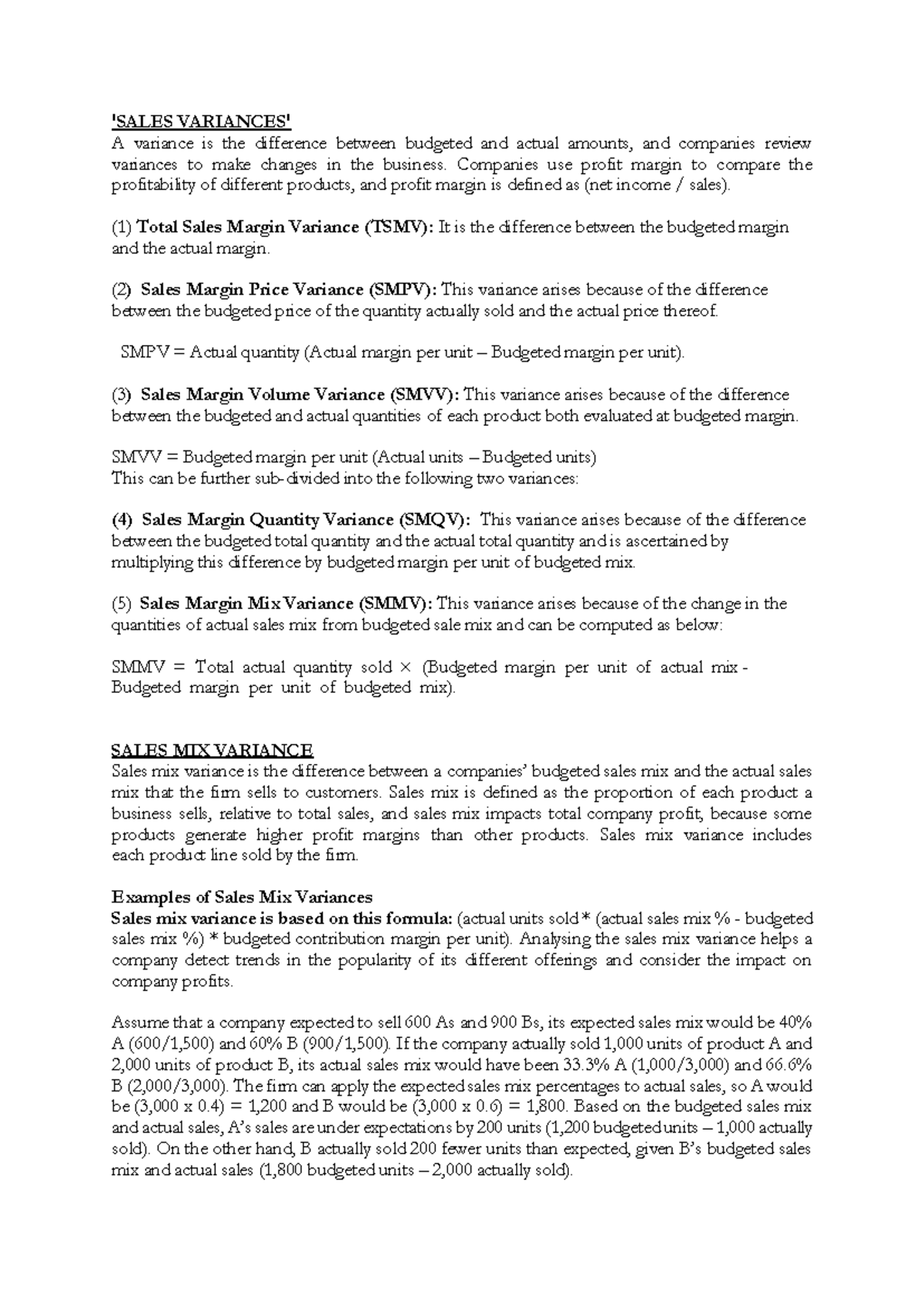 Sales Planning and Operating Variances - 'SALES VARIANCES' A variance ...