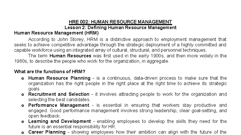 HRE 002: HUMAN RESOURCE MANAGEMENT Reviewer for Lessons 2-7 - Studocu
