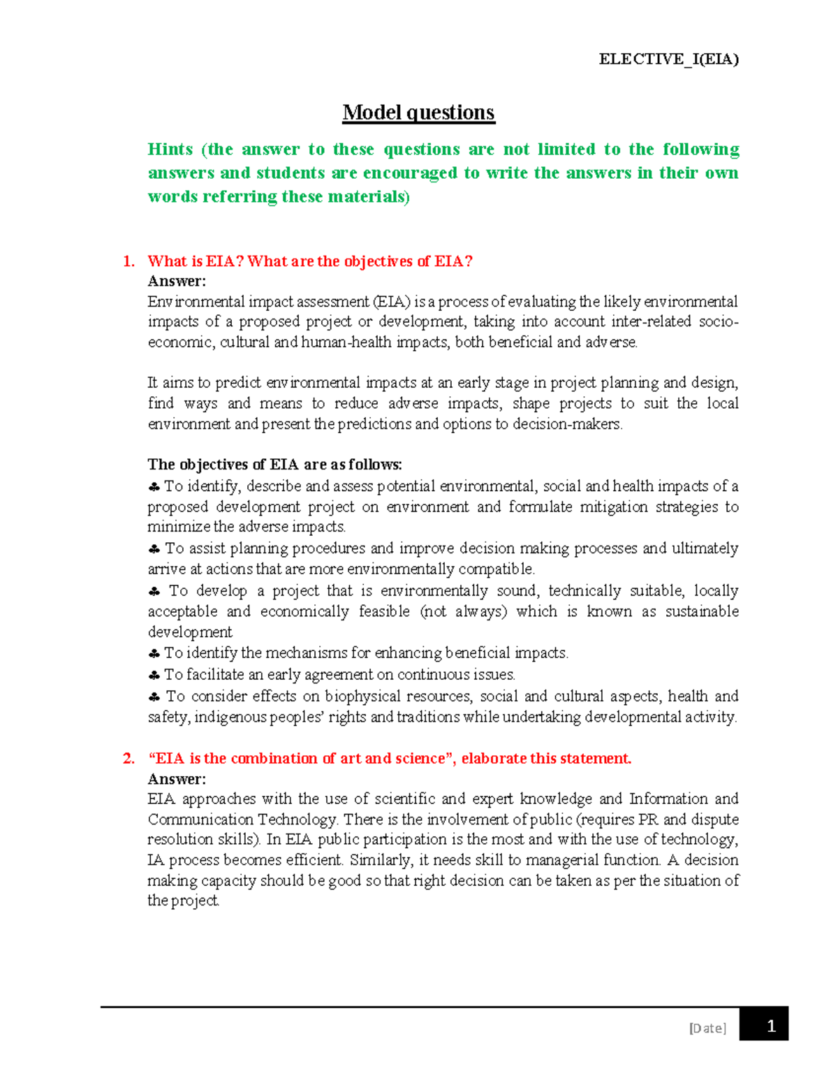 ELECTIVE_I(EIA) Model Questions and Answers for EIA Tutorial - Studocu