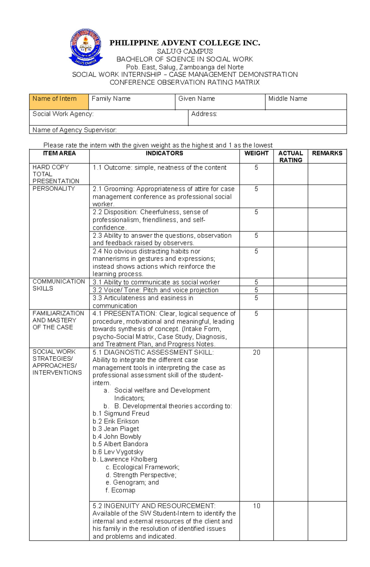BSSW 101: Social Work Internship Case Management Observation Matrix ...