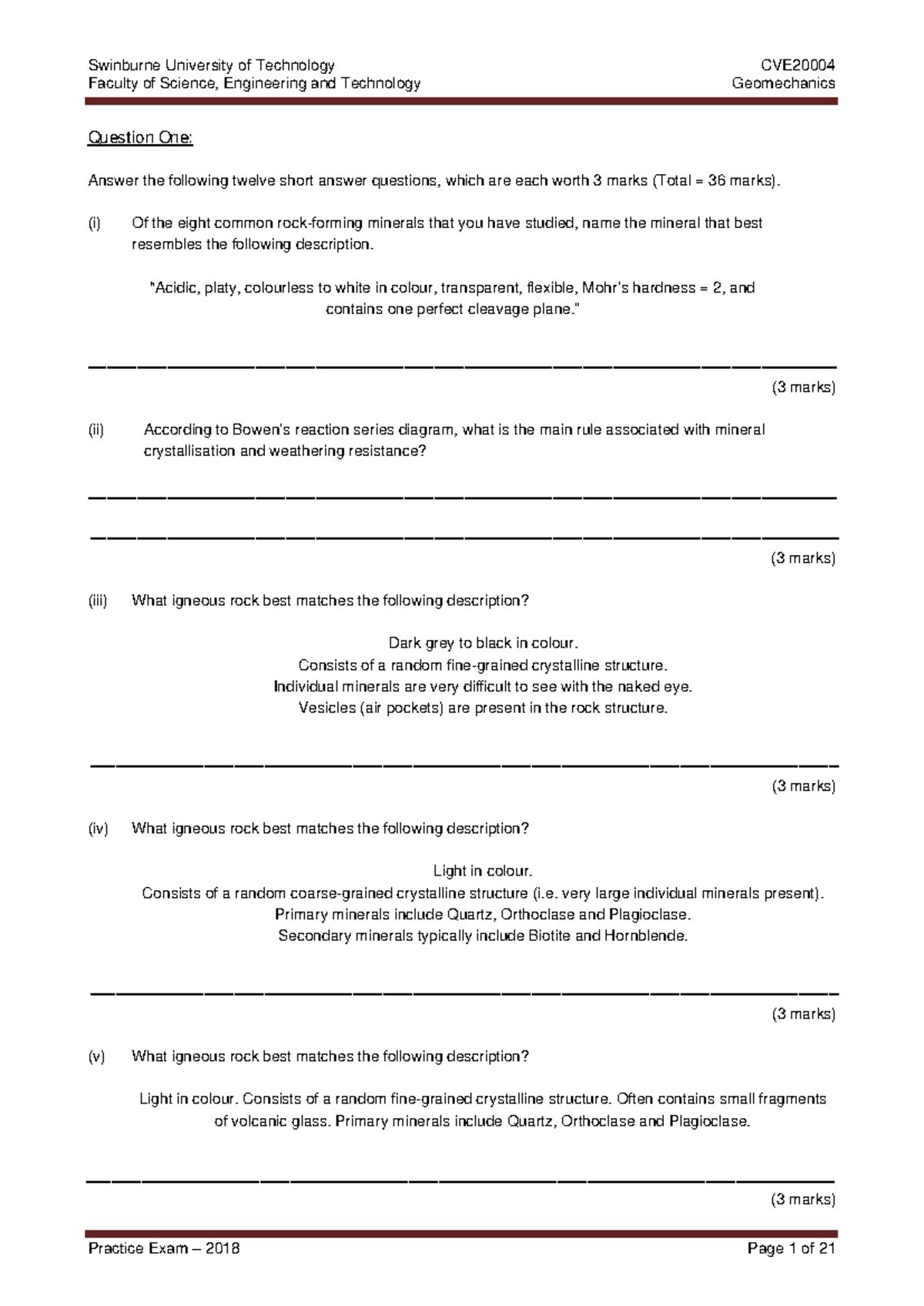 Practice Exam A 2 November 2018, questions - Swinburne University of ...
