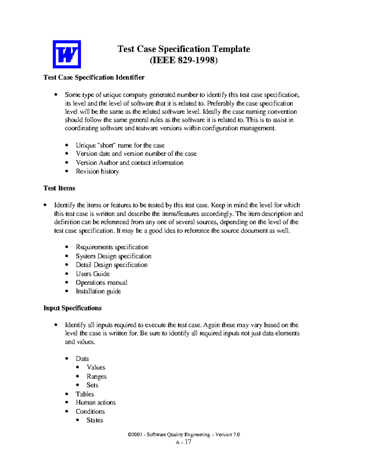 Software Test Case Specification Template - Version 7.0 - Studocu