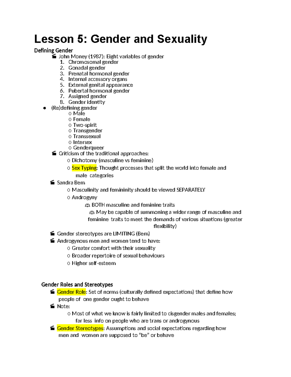 Lessons 5-8 Notes - Midterm 2 - Lesson 5: Gender and Sexuality Defining ...