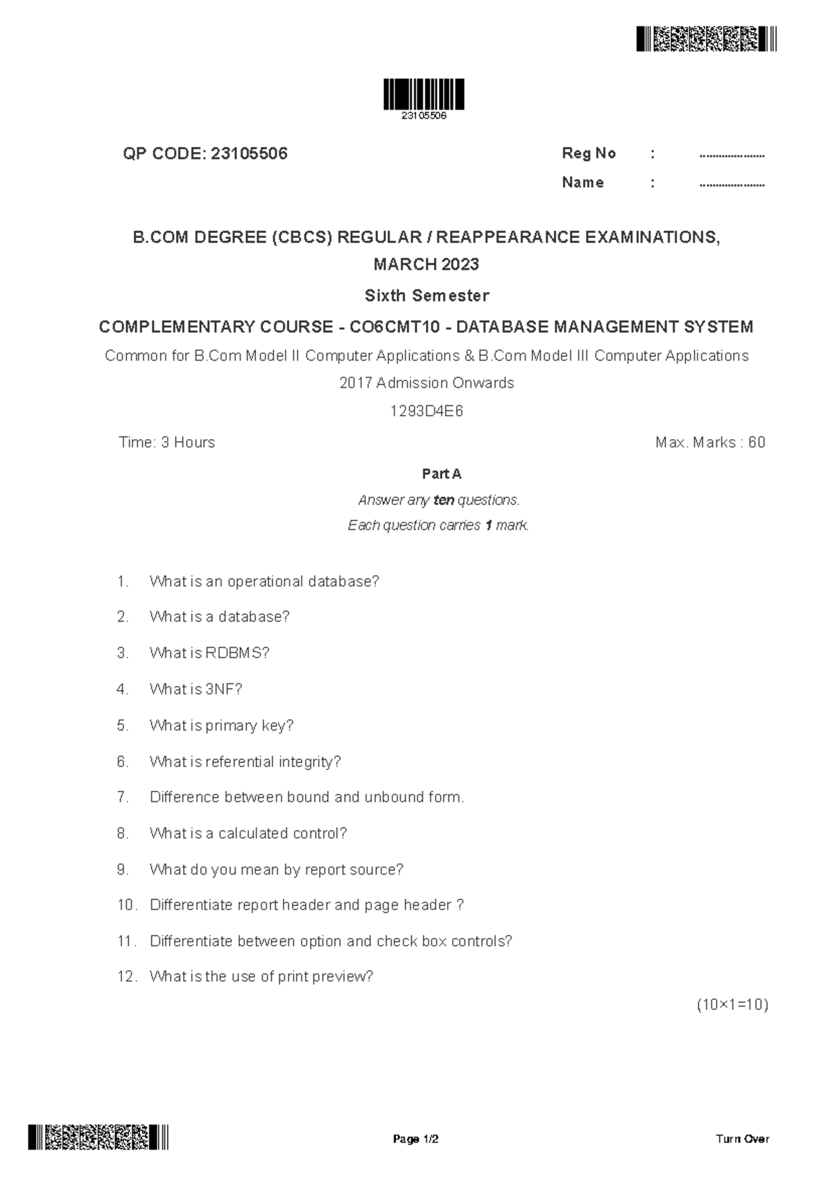 B.COM 23105506 Final Exam: Database Management System Notes - Studocu