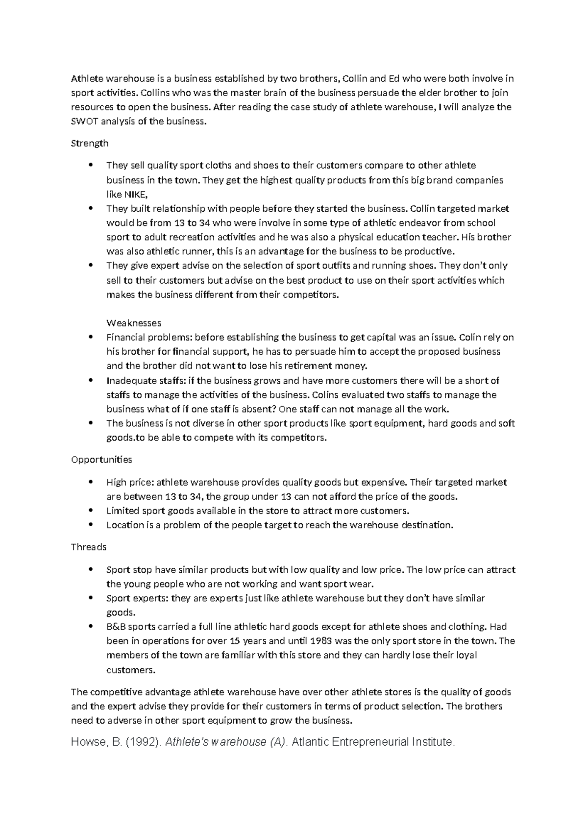 SWOT Analysis of Athlete Warehouse Business - Case Study Exam (BUS 101 ...