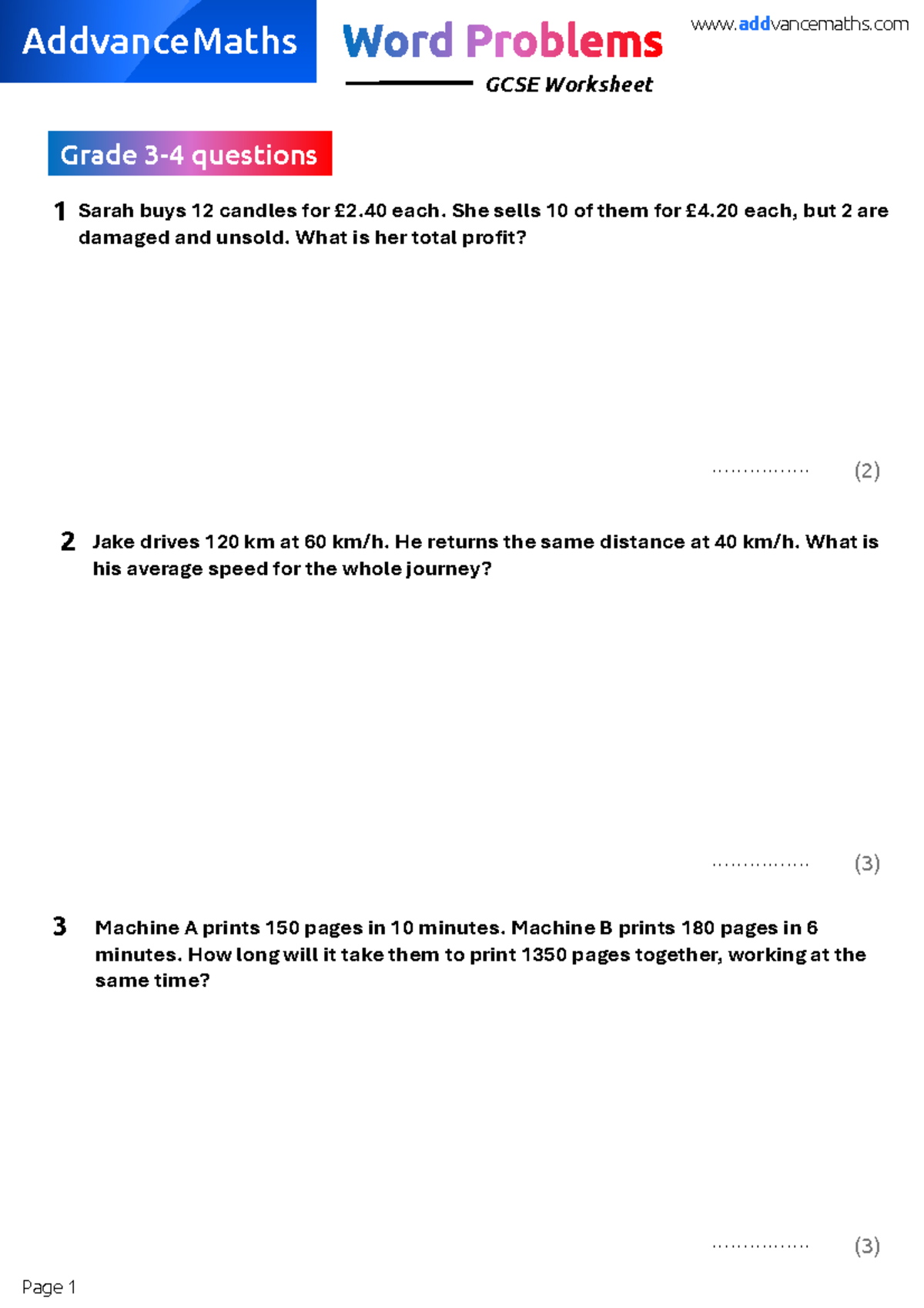 AddvanceMaths GCSE Worksheet: Word Problems & Solutions - Studocu