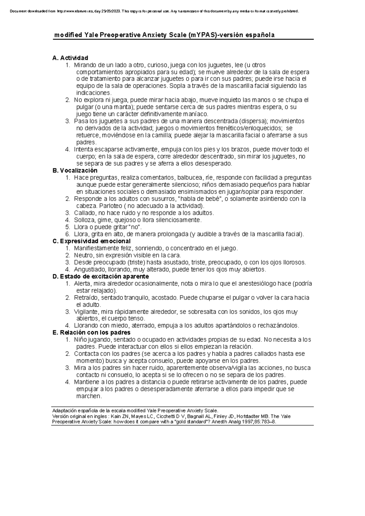 M-YPAS - Escala de ansiedad preoperatoria: Adaptación española - Studocu