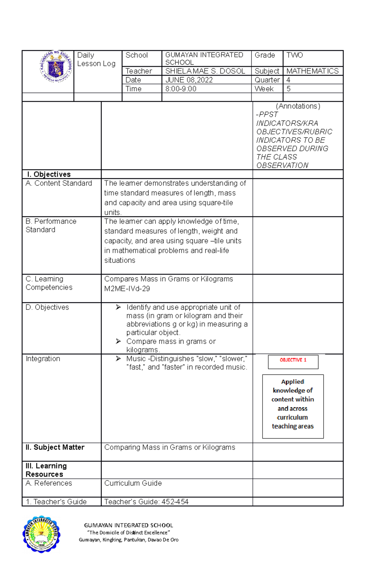 Math Lesson Plan for 2nd Grade: Comparing Mass (CO2) - Studocu