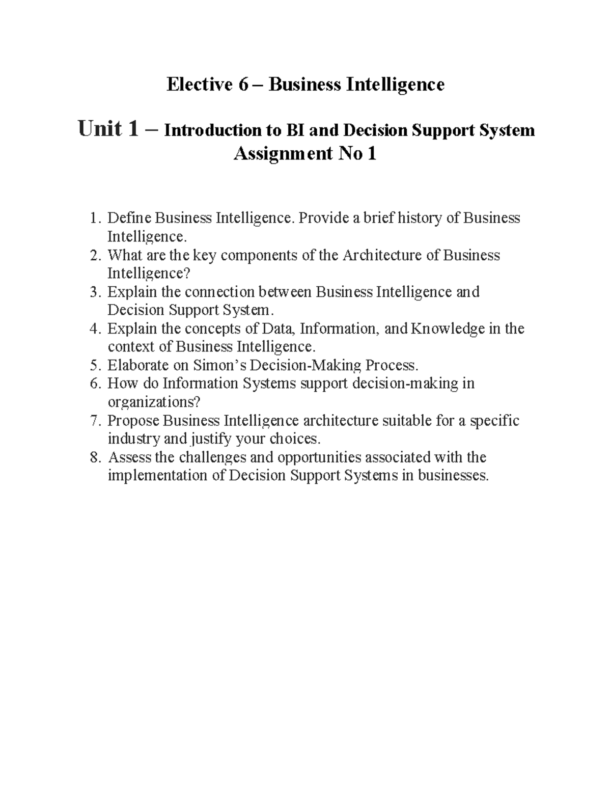 BI UNIT 1 Assignment: Intro to Business Intelligence & Decision Support ...
