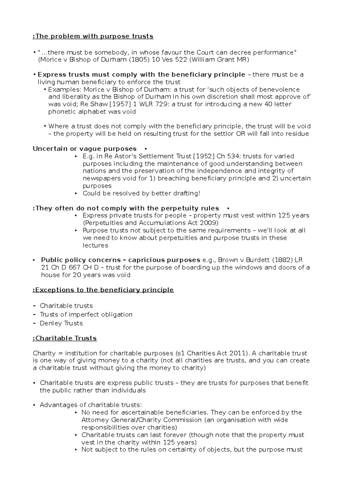 Non-Charitable Purpose Trusts: Key Principles and Case Notes - Studocu