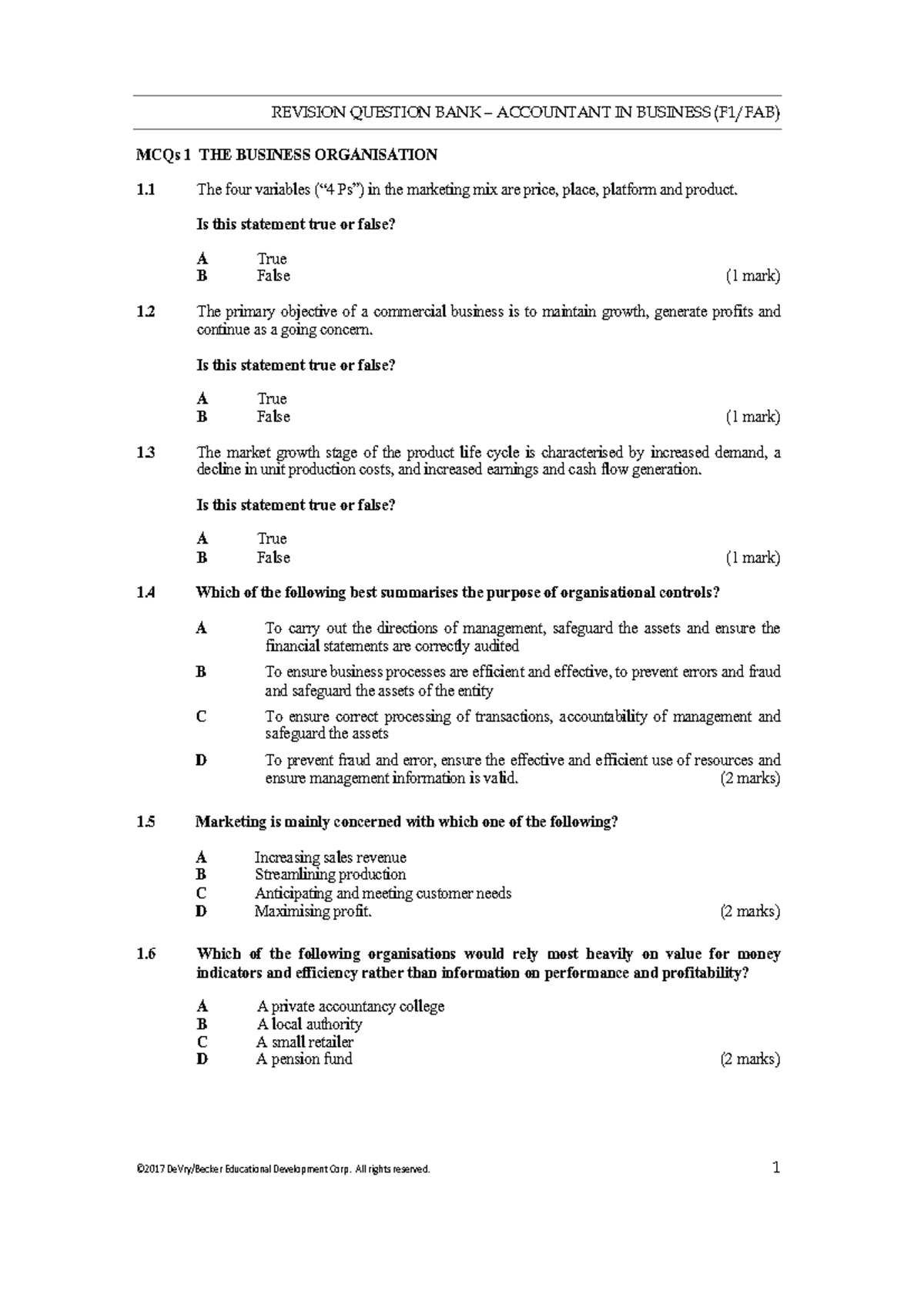 F1/FAB Accountant in Business - Revision MCQs Question Bank - Studocu