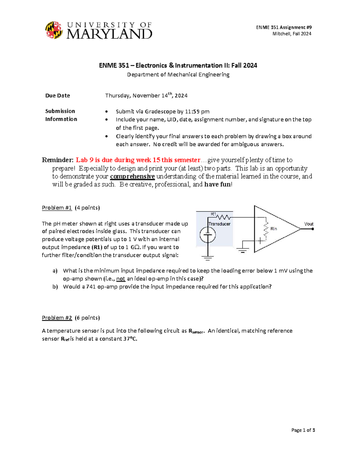 ENME 351 - Assignment 9 - Electronics & Instrumentation II (Fall 2024 ...