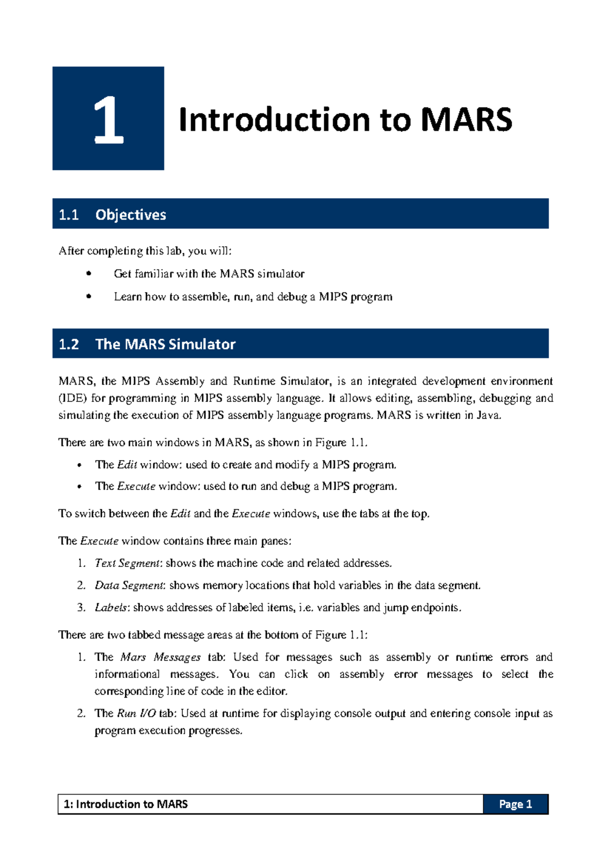 Lab 1: Intro to MARS Simulator & MIPS Programming Basics - Studocu