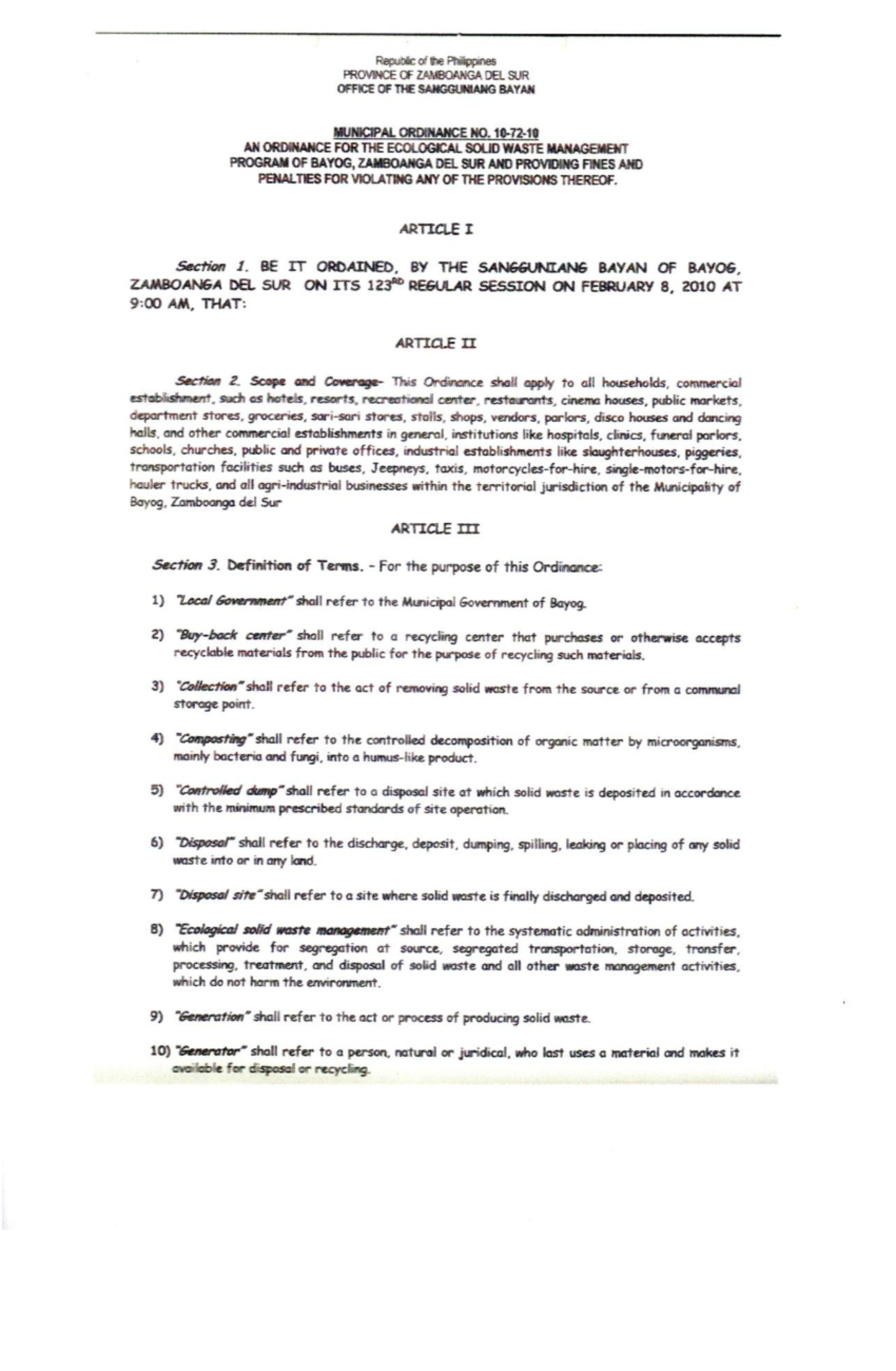 MO 10 72 10 Bayog Ecological Solid Waste Management Ordinance - Studocu