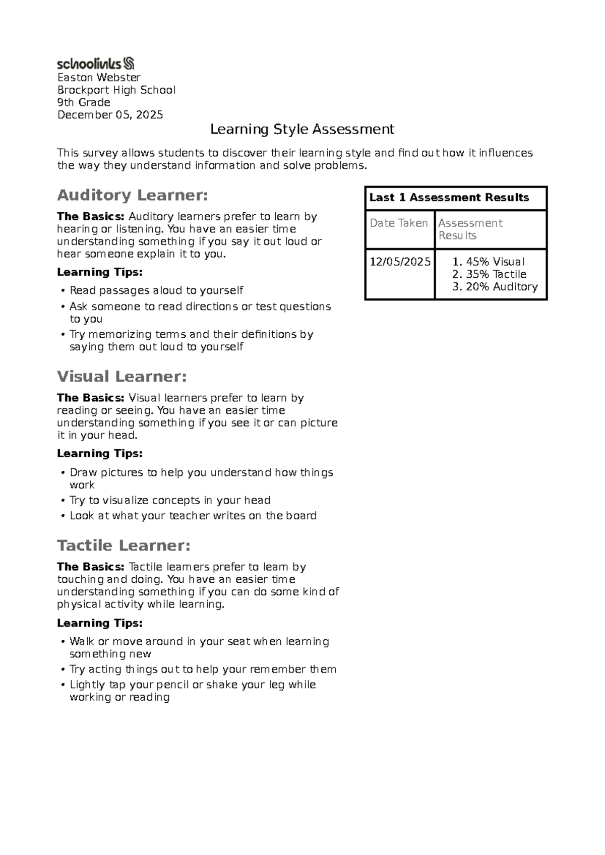 9th Grade Learning Style Assessment Report - December 2025 - Studocu