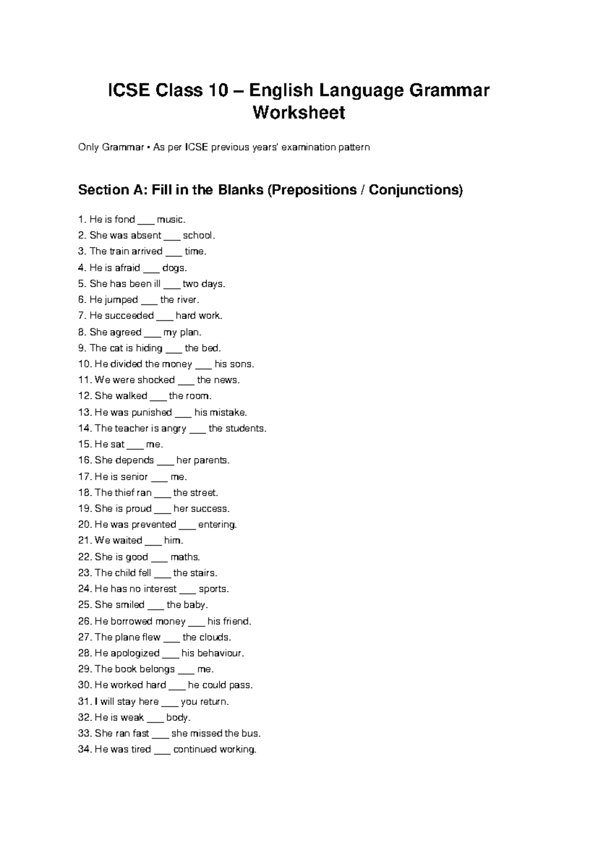 ICSE Class 10 English Language Grammar Worksheet & Answer Key - Studocu