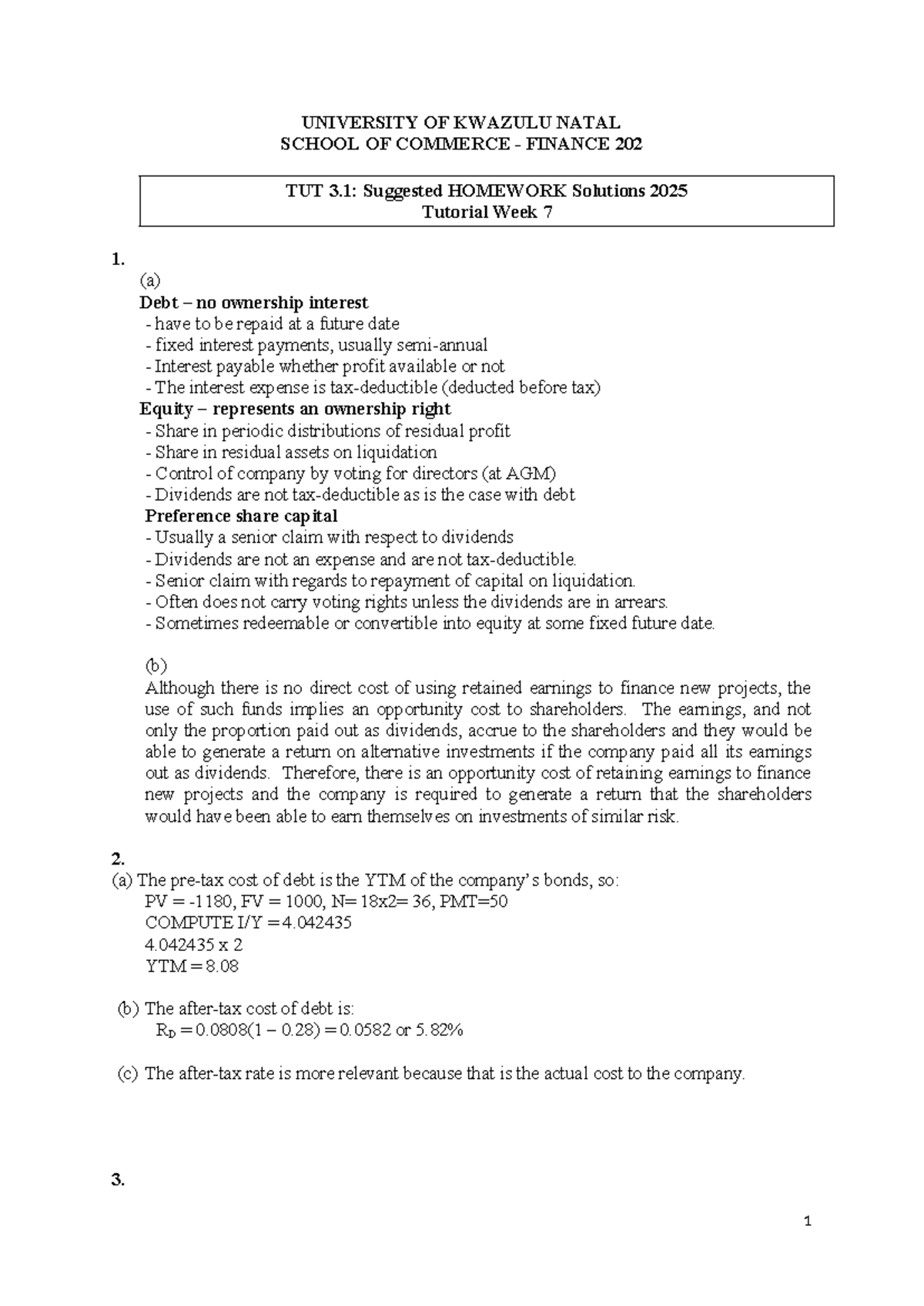 FINA202 TUT 3.1: Homework Solutions for Week 7 2025 - Studocu