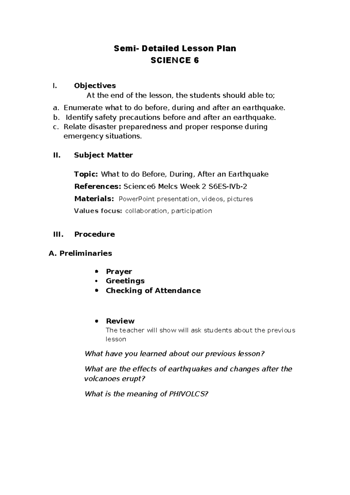 Semi Detailed Lesson Plan in Science 4 Adverbs - Semi- Detailed Lesson ...