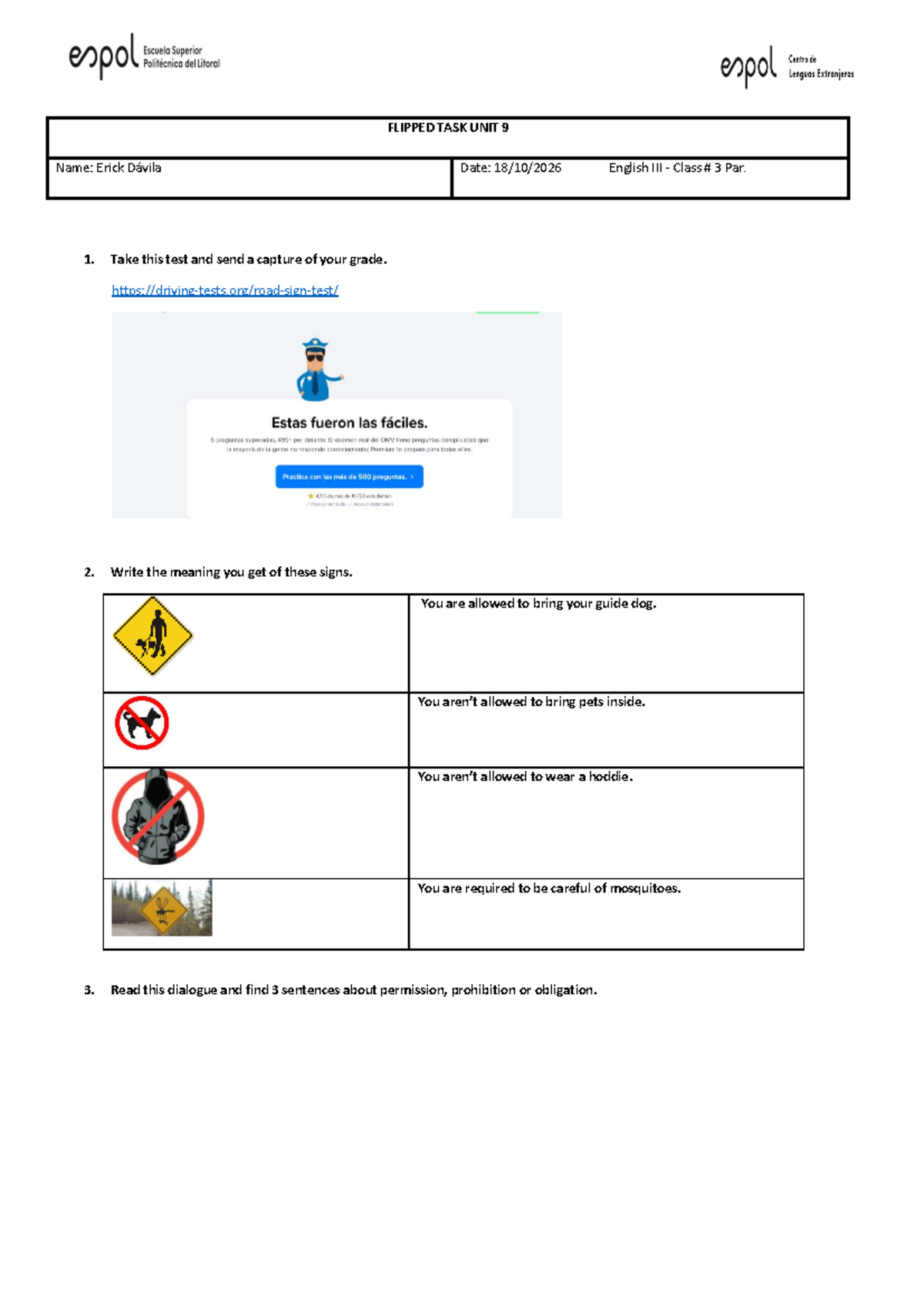 FLIPPED TASK UNIT 9: Permission, Prohibition, Obligation - Erick Dávila ...
