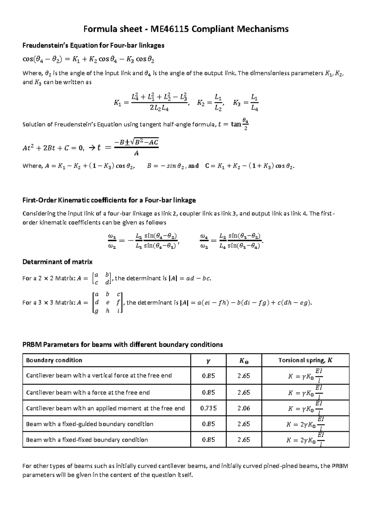 Formula Sheet for ME46115: Compliant Mechanisms Exam - Studeersnel
