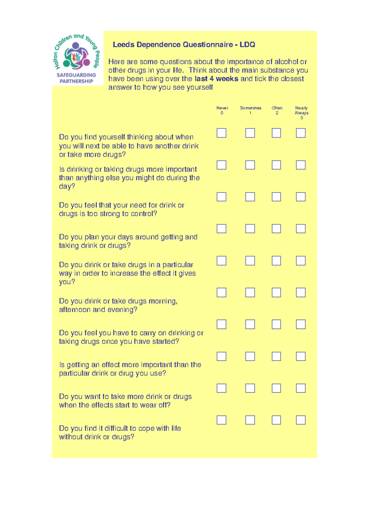 LDQ: Adult Substance Dependence Questionnaire Analysis - Studocu