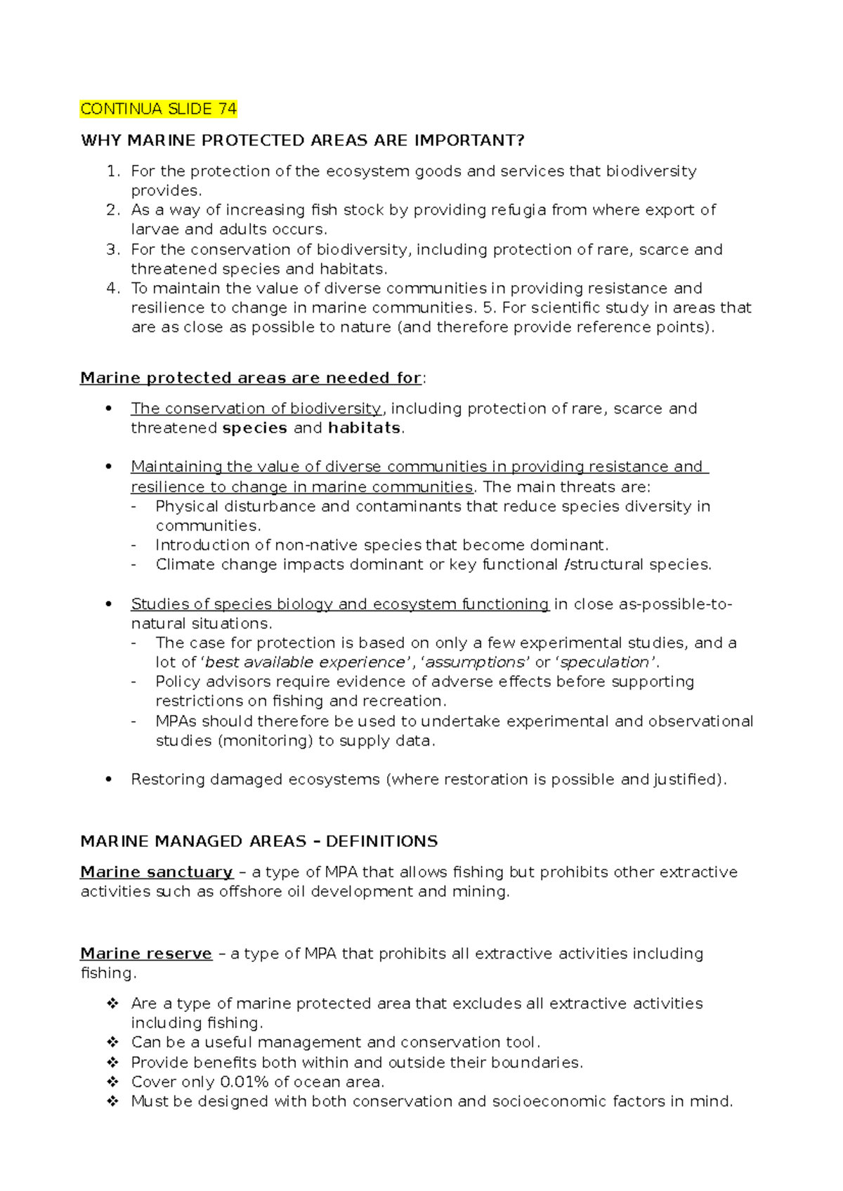 MPA Notes: Importance and Management of Marine Protected Areas - Studocu