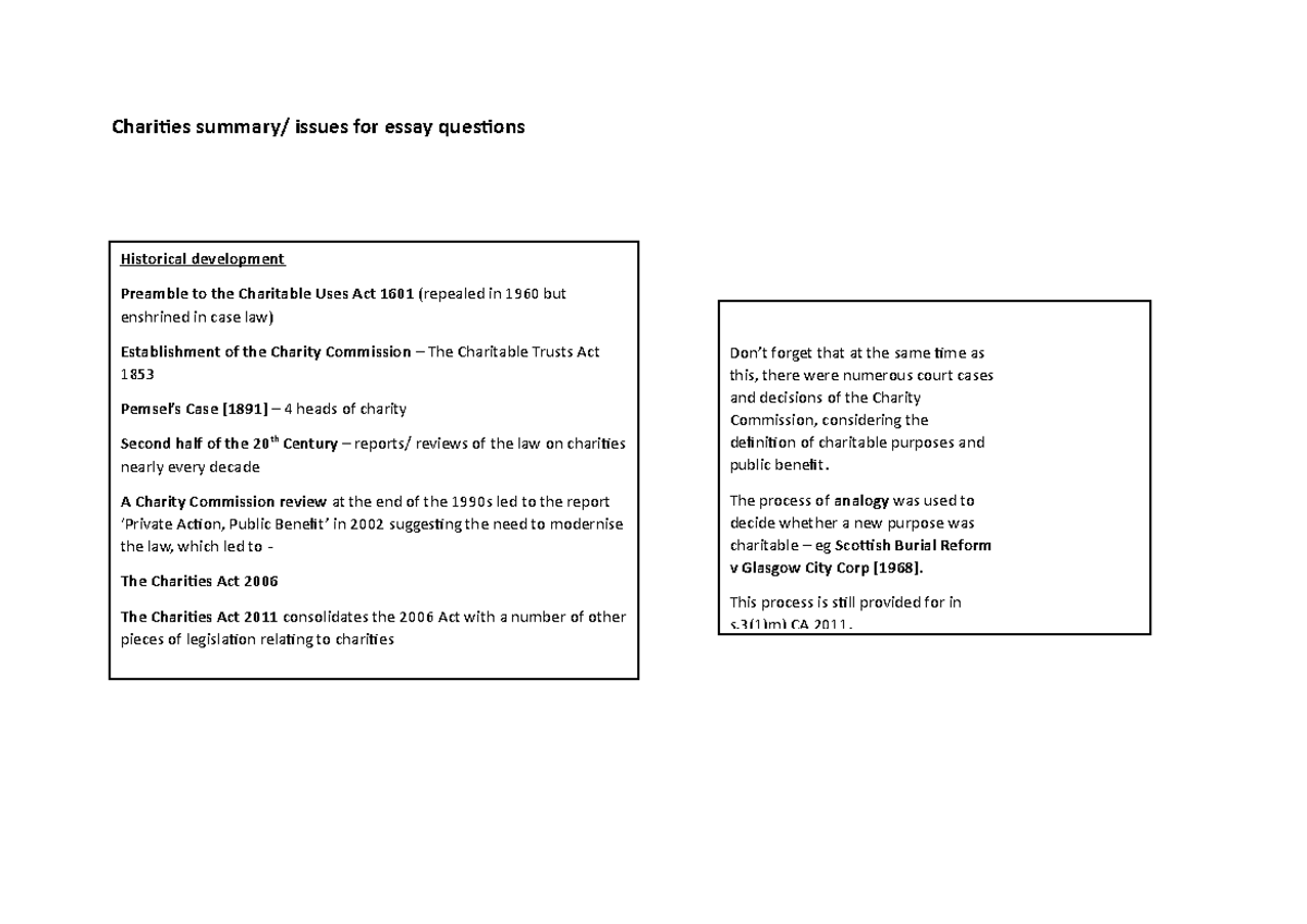 Charities summary - The process of analogy was used to decide whether a ...